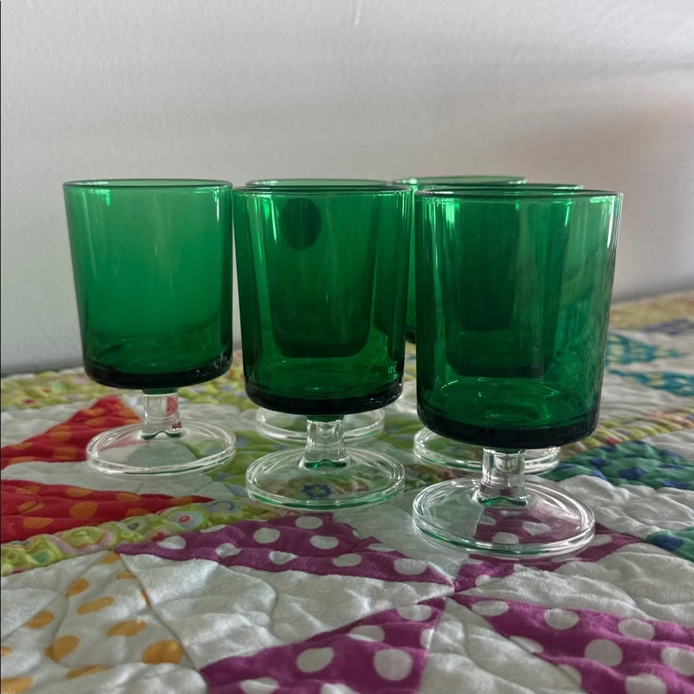Vintage 1970s Luminarc Cavalier Green Footed Sherry Glasses, Set of 6, France